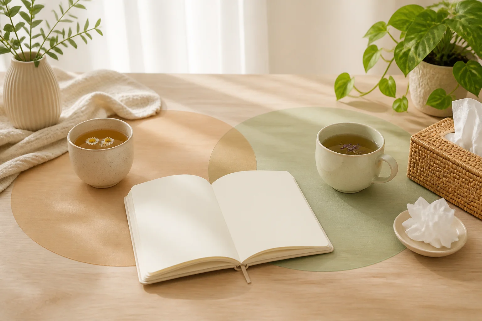 Journal, tea, tissues, and overlapping color fields representing baby blues and postpartum depression