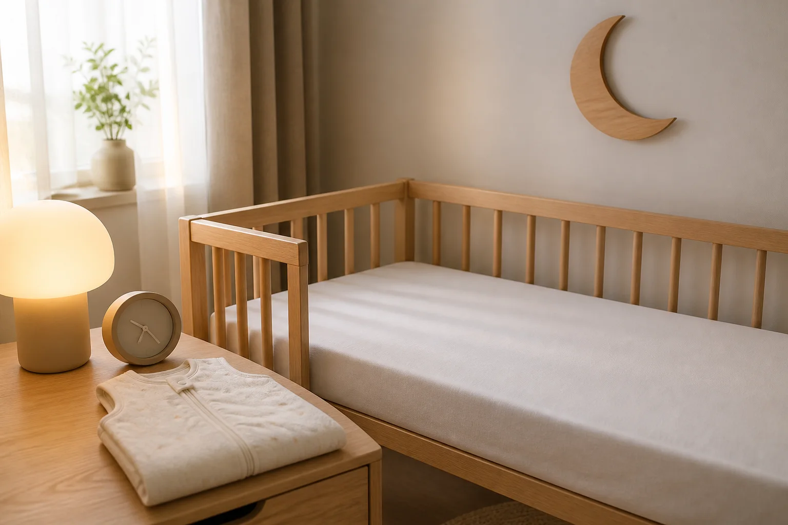Safe empty crib, sleep sack, lamp, and clock in a calm nursery