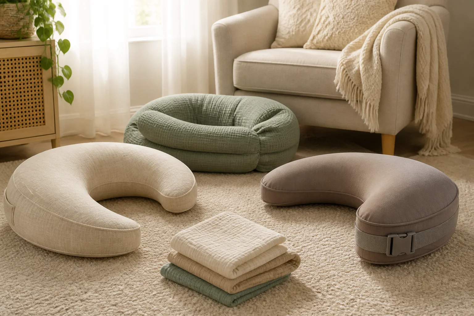 Three different nursing pillow shapes arranged in a bright room