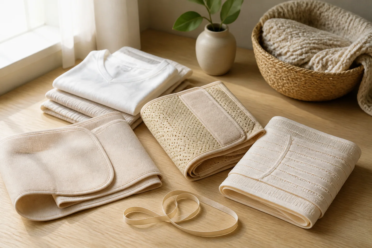 Several breathable postpartum belly wrap styles arranged for comparison