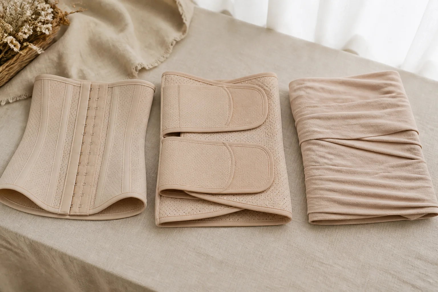 Three unbranded postpartum girdle and belly binding styles