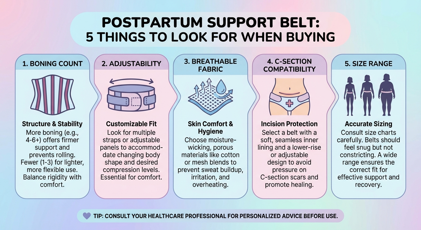 Infographic showing the five key factors to consider when choosing a postpartum support belt