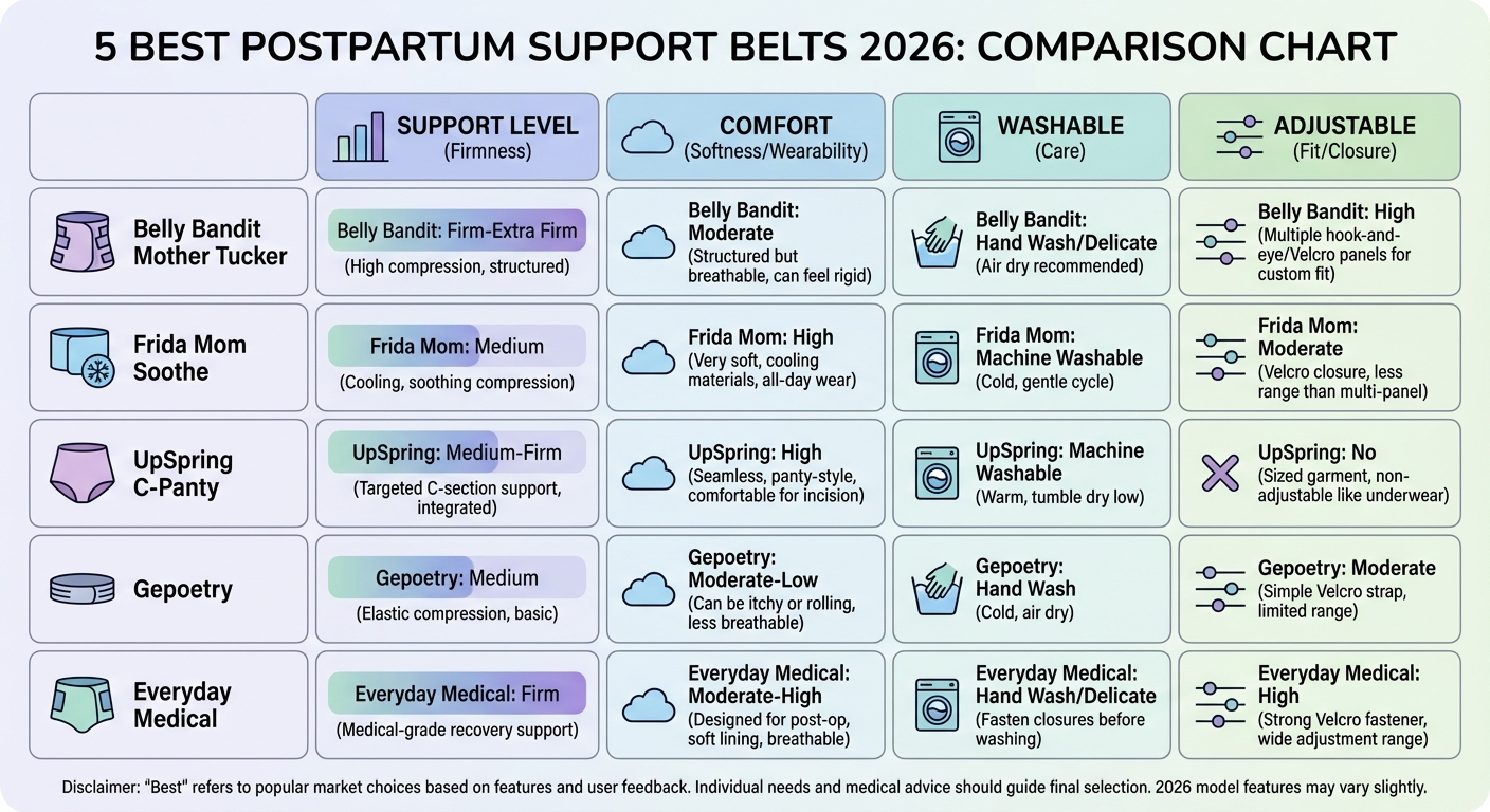 Comparison infographic of the top 5 postpartum support belts for 2026 showing key features and ratings