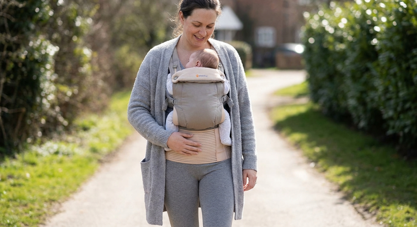 Mother wearing an abdominal support binder while walking with her baby during postpartum recovery