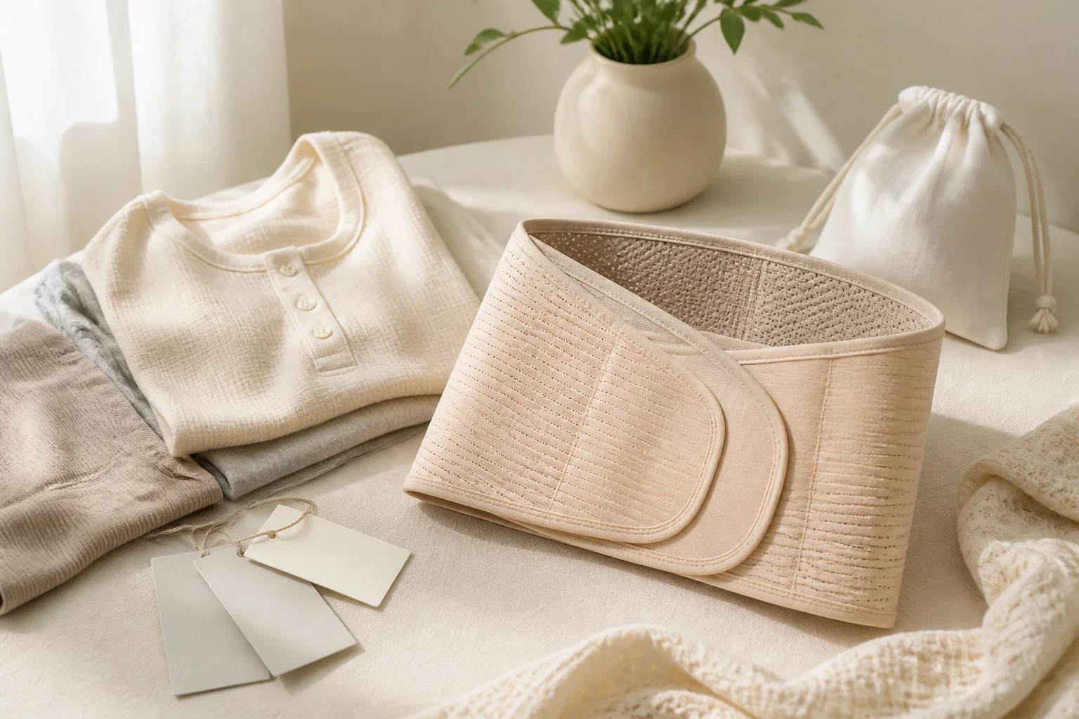 Neutral postpartum support belt with comfortable clothing and storage pouch