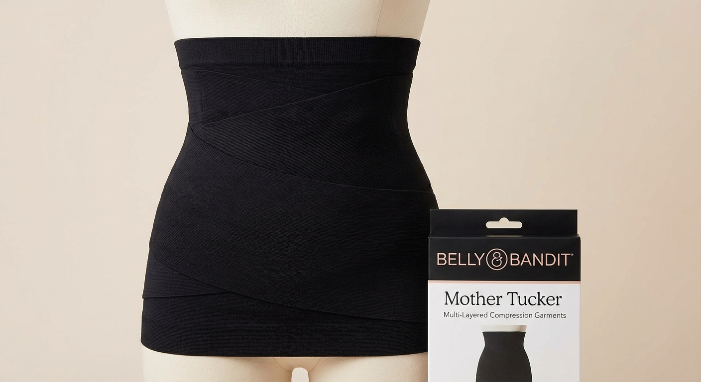 Belly Bandit Mother Tucker postpartum compression wrap showing adjustable double-panel design