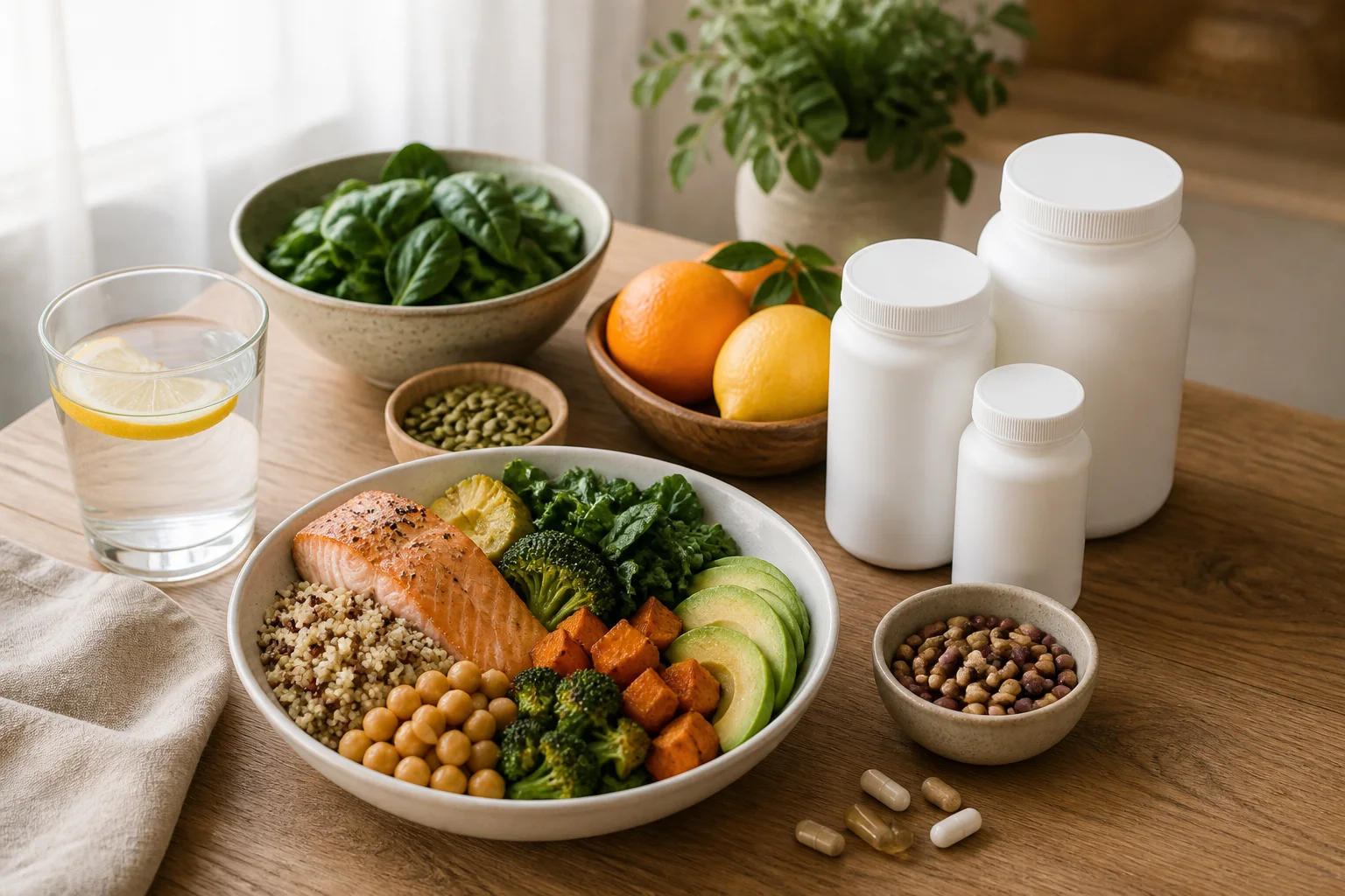 Balanced meal, water, produce, and unbranded supplement containers
