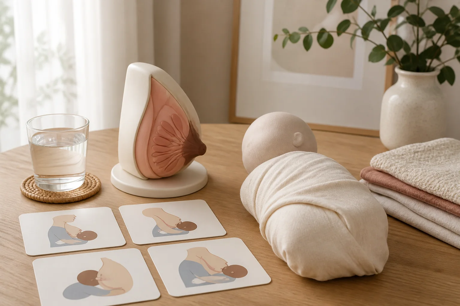 Lactation teaching model, wrapped training doll, and feeding-position cards