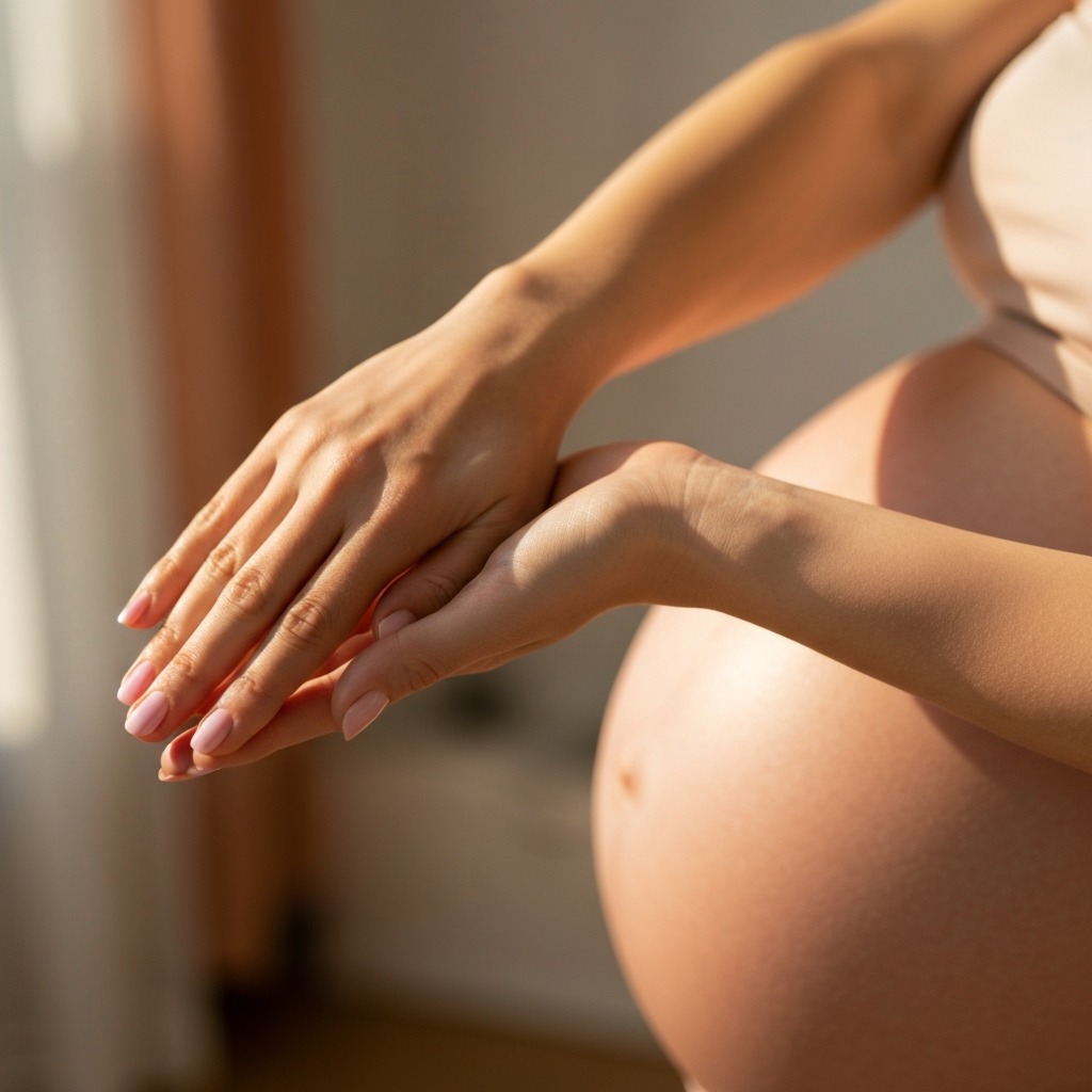 Pregnant woman doing gentle wrist stretches and exercises to relieve carpal tunnel