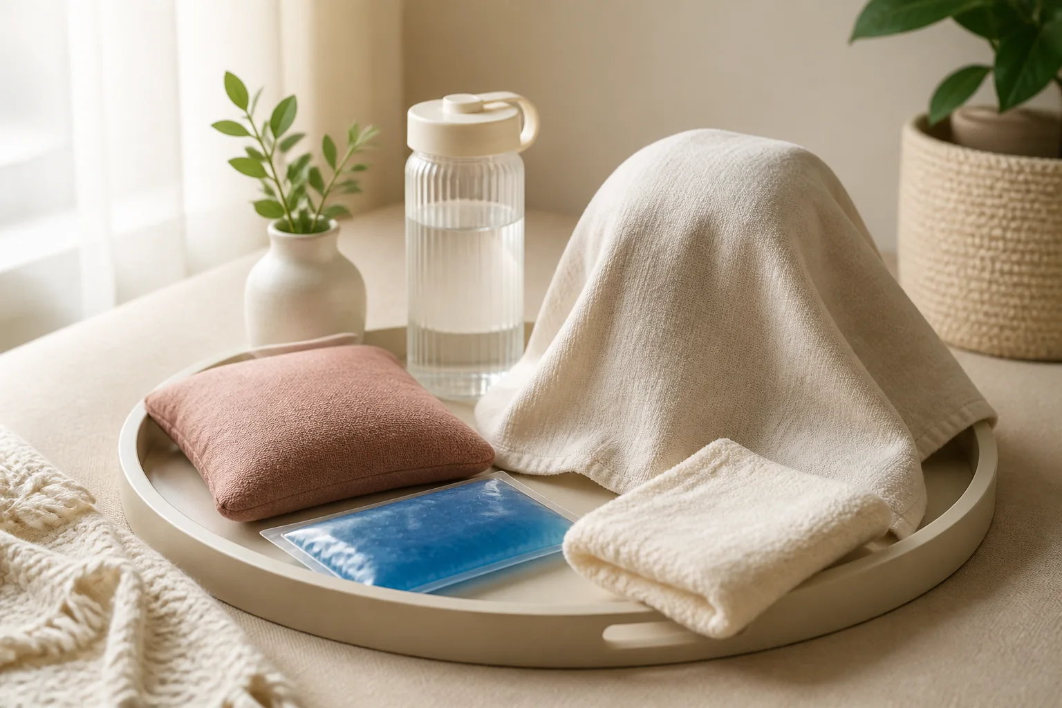 Warm and cool compresses, water, and soft cloth arranged for supportive self-care