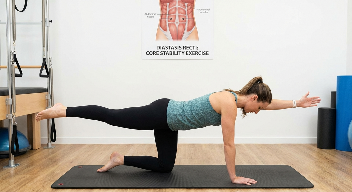 Woman performing the bird-dog exercise on hands and knees extending opposite arm and leg on a yoga mat