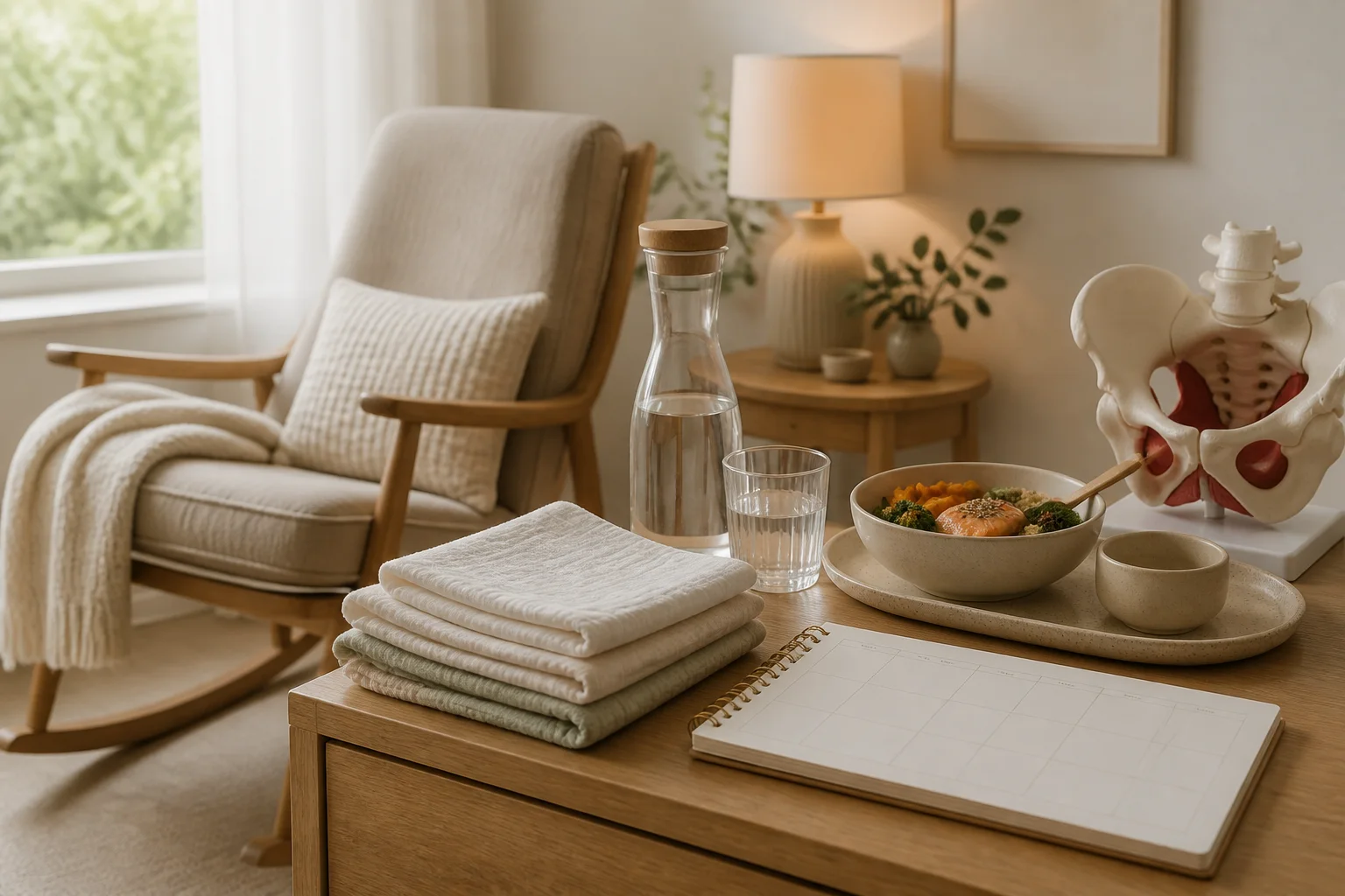 Recovery corner with rocking chair, water, meal, towels, and blank weekly planner