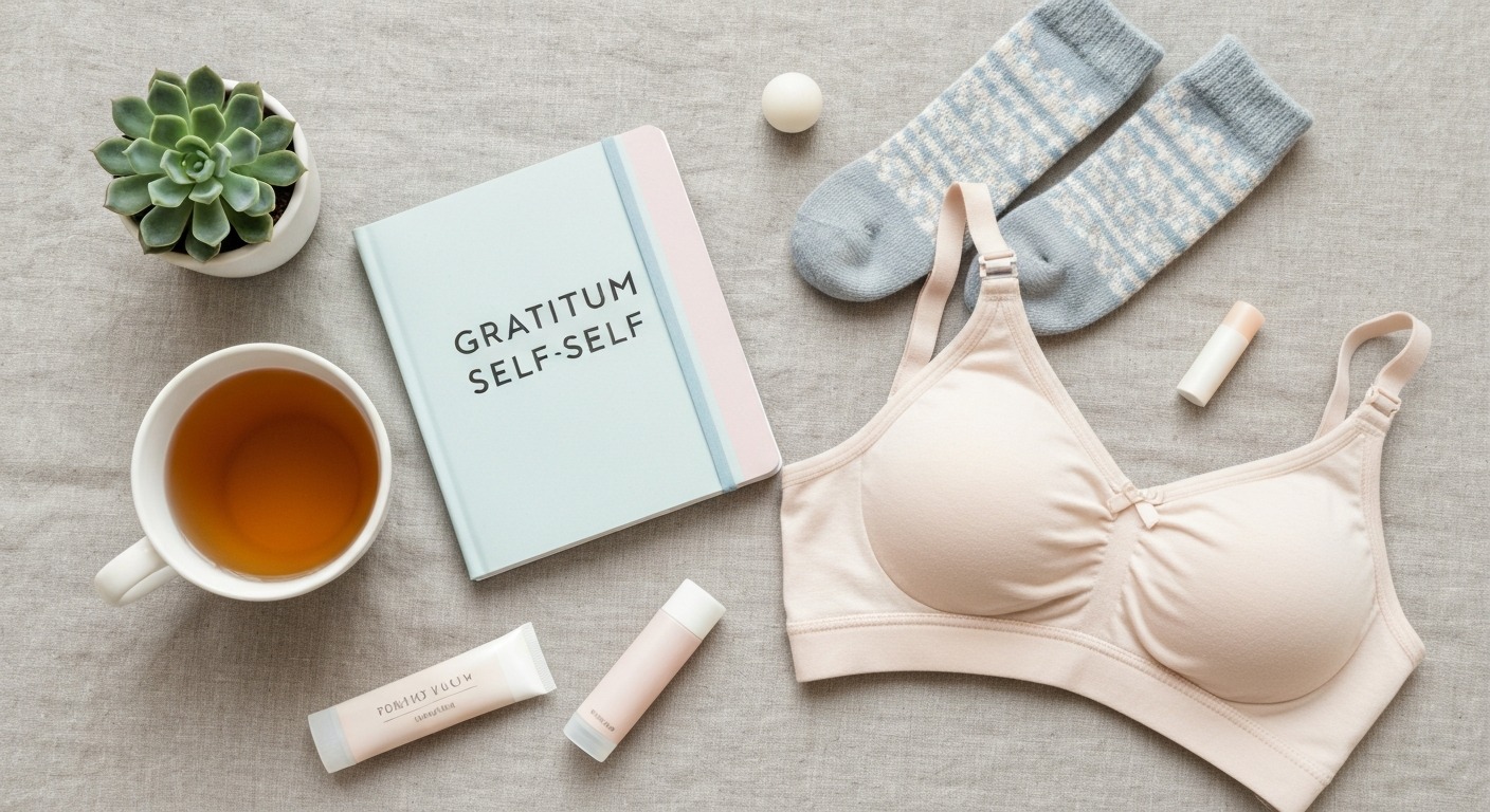 Self-care essentials for a new mother including herbal tea, journal, and comfortable clothing