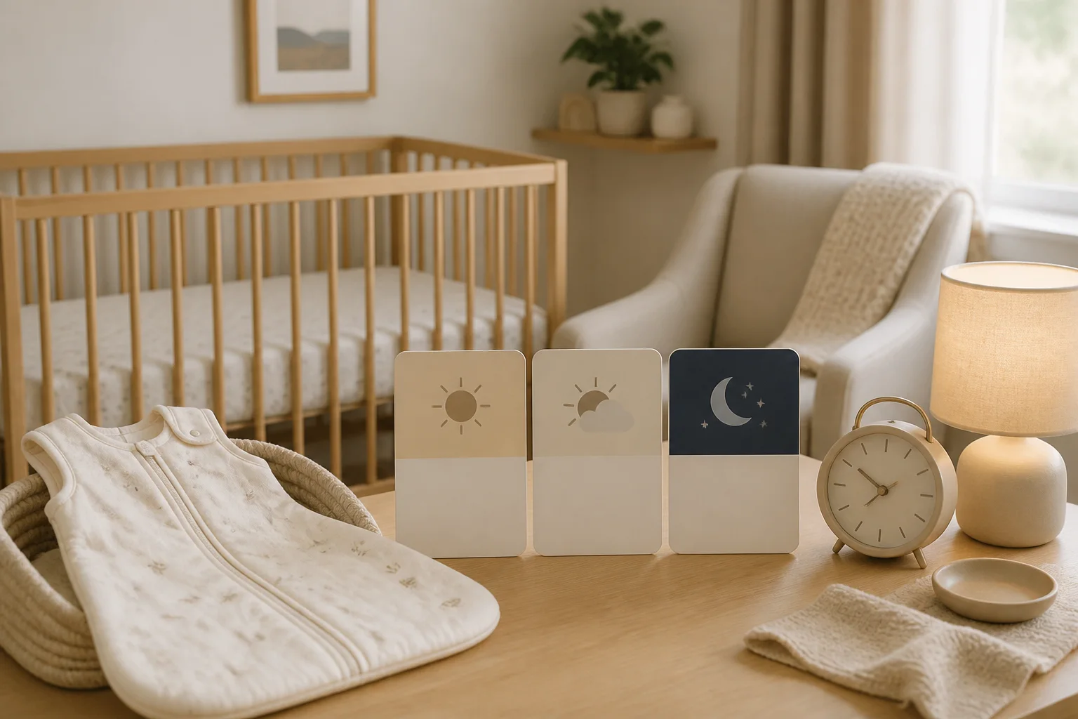 Safe empty crib with day-and-night schedule cards, sleep sack, clock, and lamp
