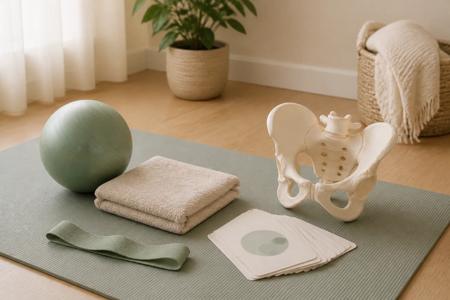 Pelvic floor exercise mat, ball, resistance loop, towel, and pelvis model