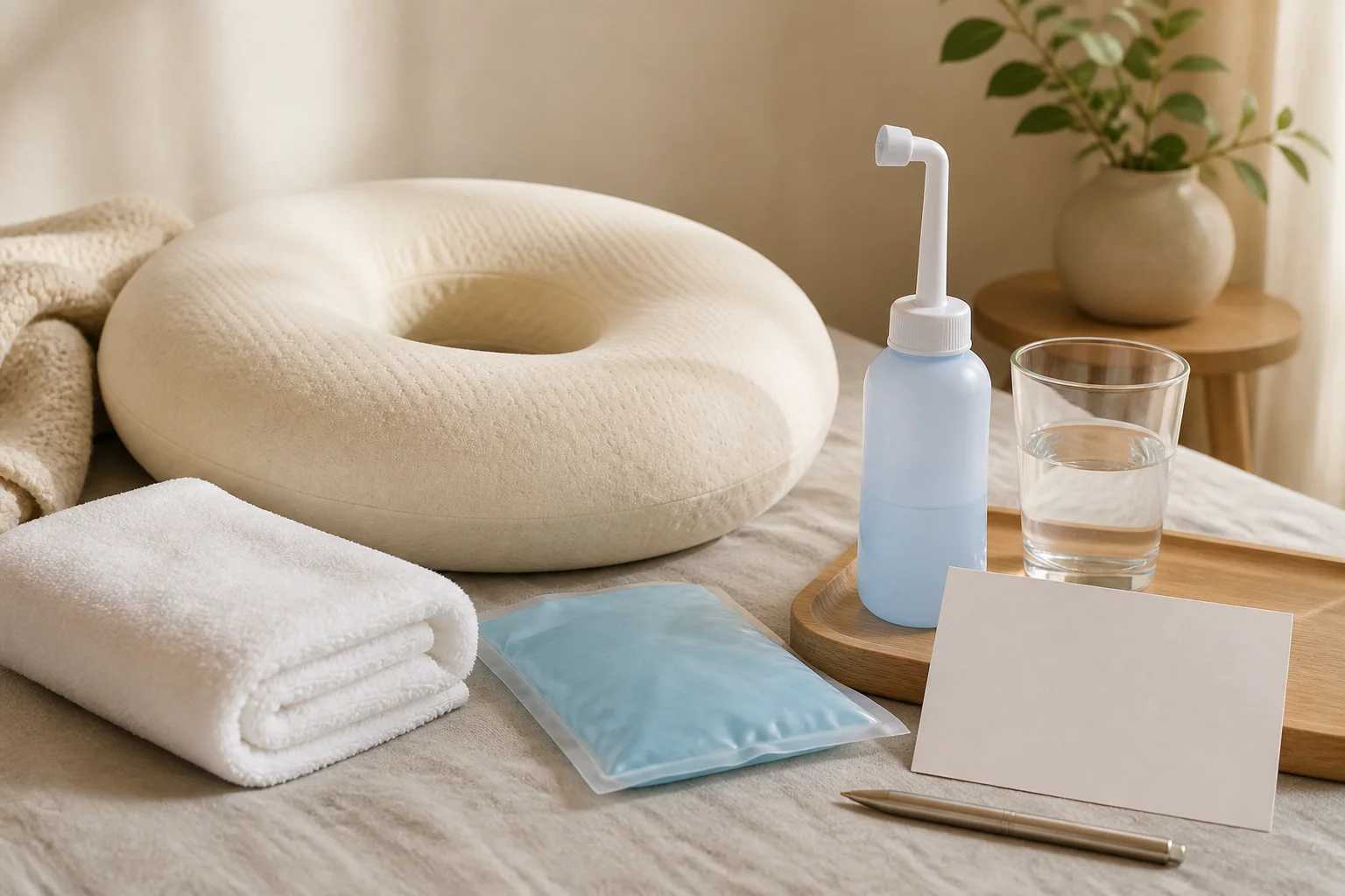 Discreet postpartum recovery setup with peri bottle, cushion, cool pack, and water