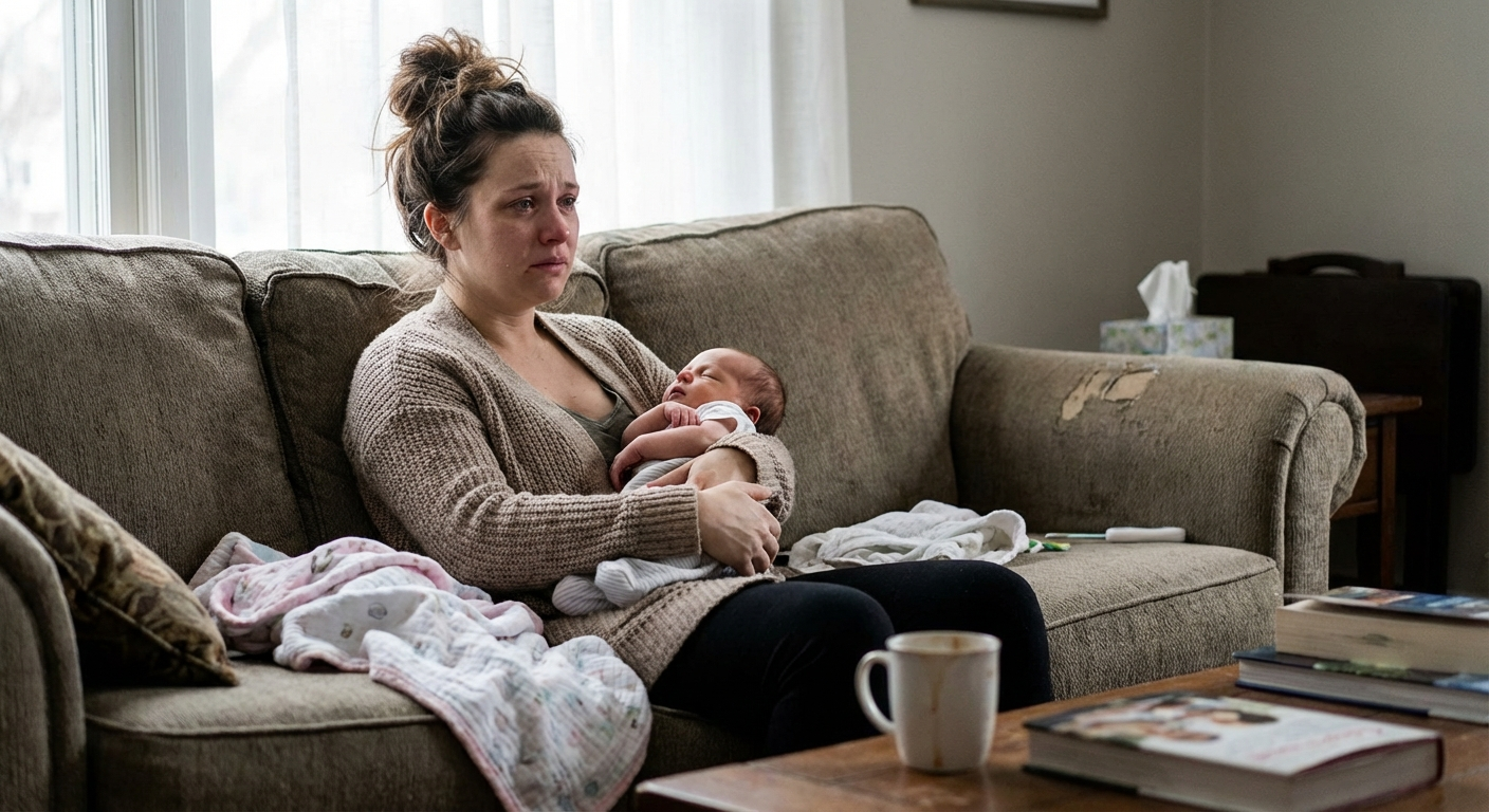New mother experiencing postpartum anxiety while holding her newborn, looking worried and exhausted