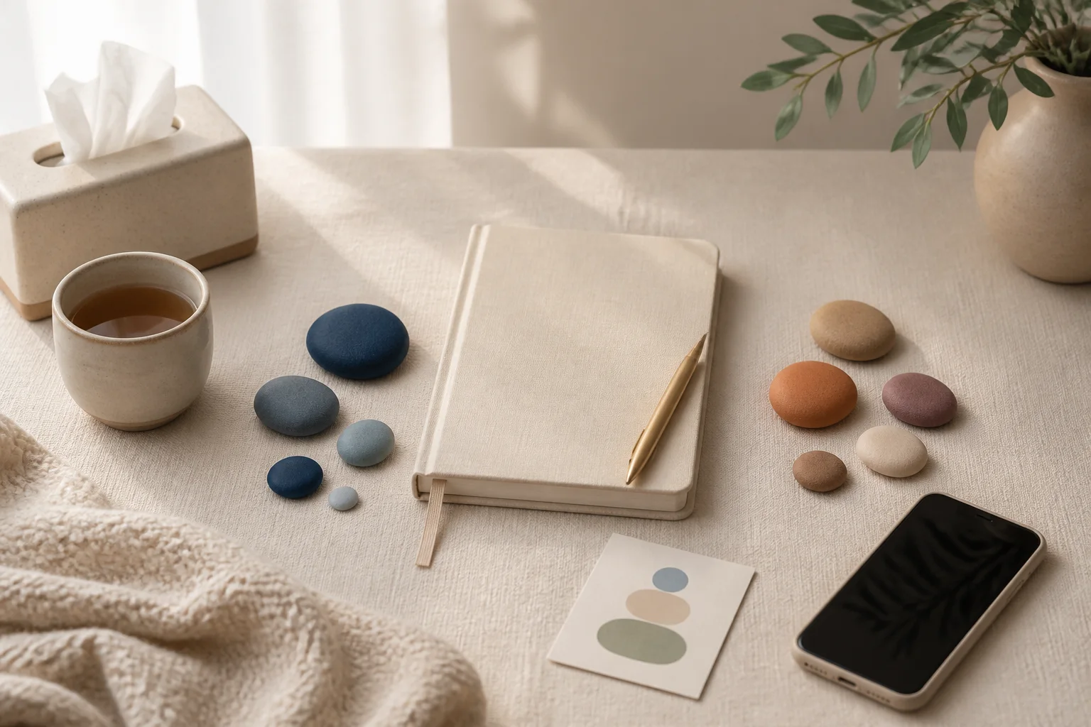Two groups of grounding stones with journal, tea, tissues, and support phone