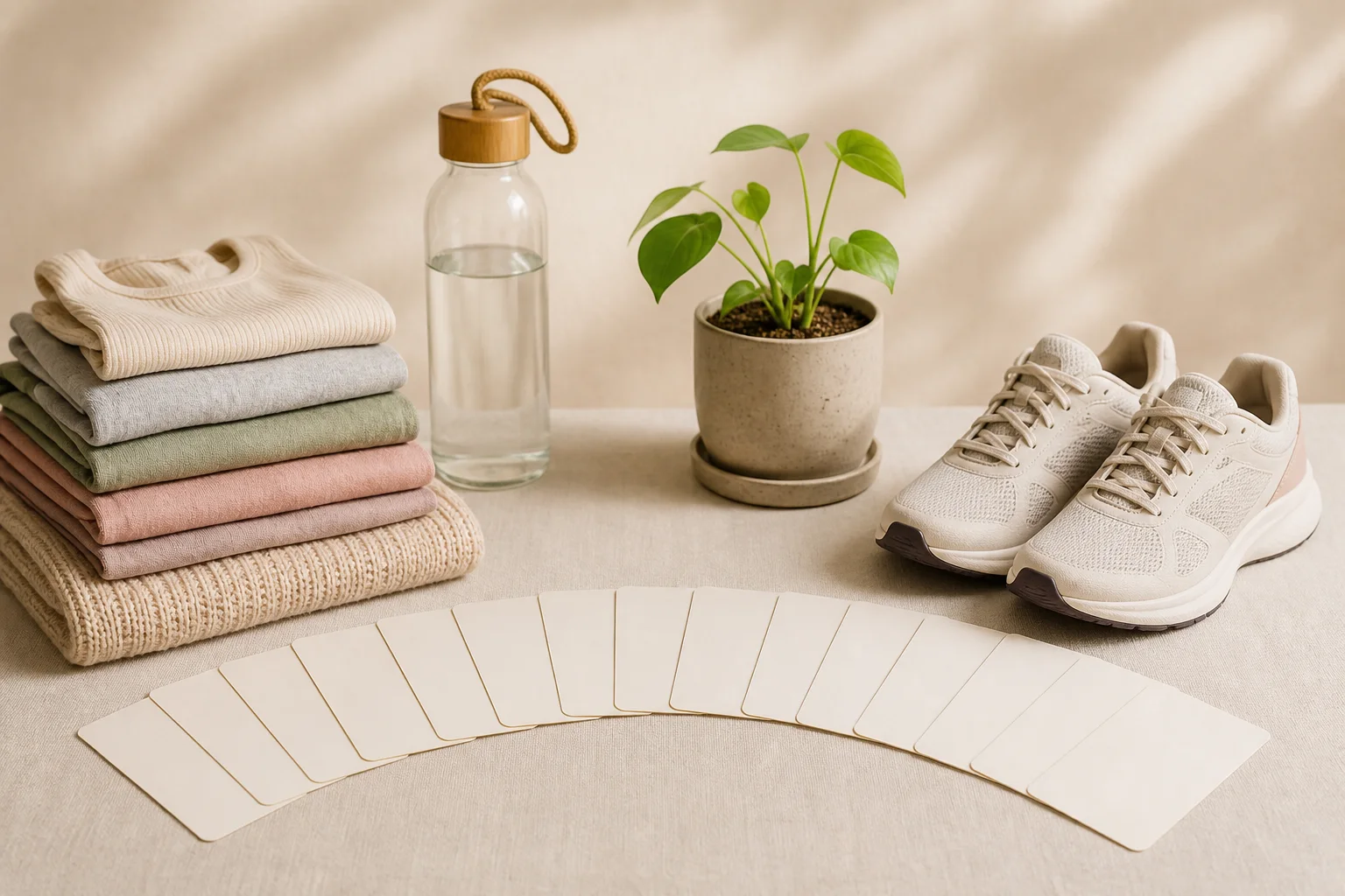 Twelve milestone cards with comfortable clothing, walking shoes, water, and growing plant