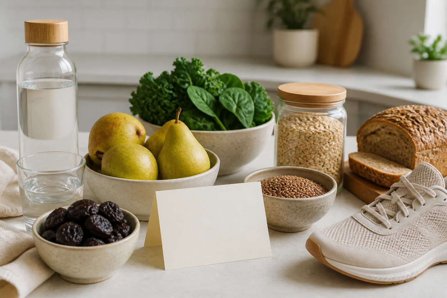 Water, pears, prunes, oats, greens, whole grains, and a walking shoe
