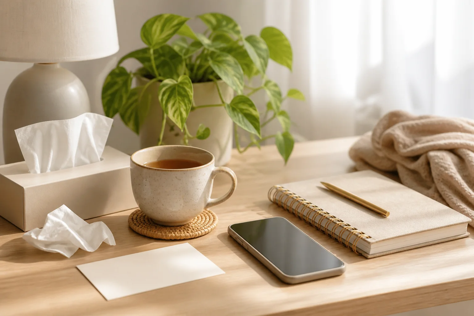 Supportive desk with phone, appointment card, tissues, tea, journal, and plant