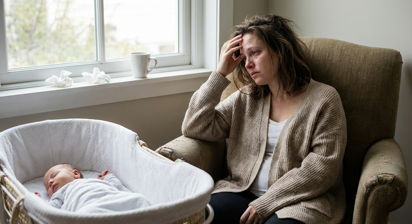 Mother sitting alone with postnatal depression showing exhaustion and emotional disconnection