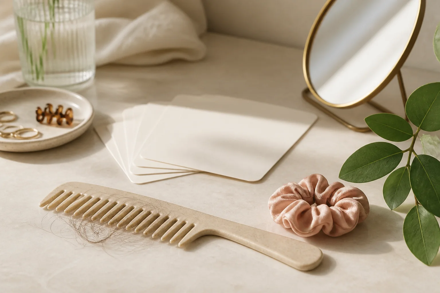 Wide-tooth comb with a few loose hairs, scrunchie, mirror, and hair-cycle cards