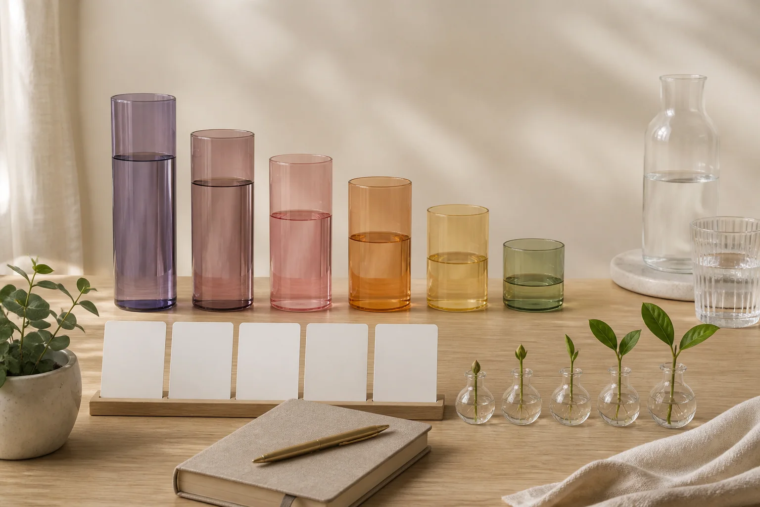 Colored glass vessels at changing levels with milestone cards and new plant growth