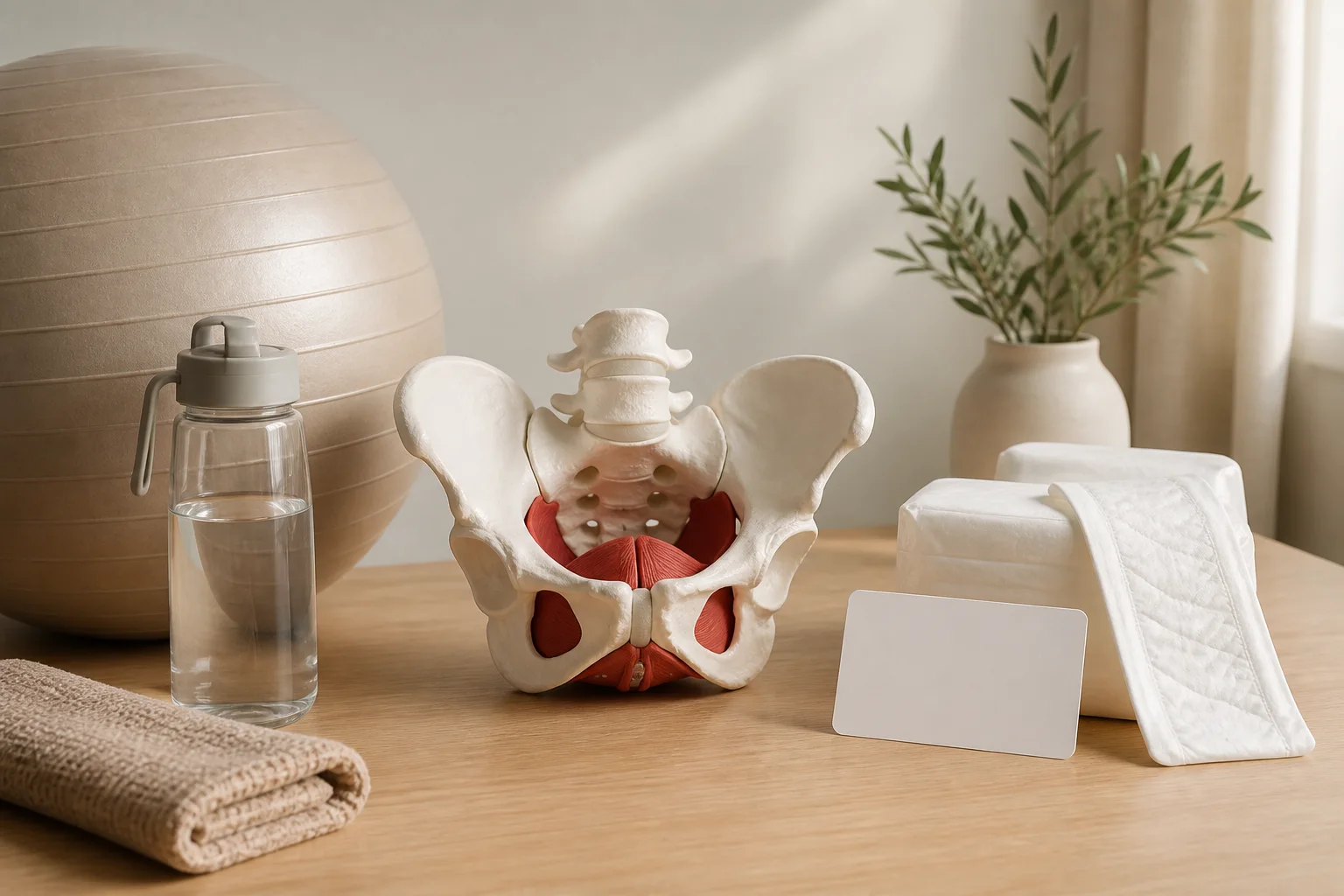 Pelvic-health teaching model, exercise ball, water, pads, and appointment card