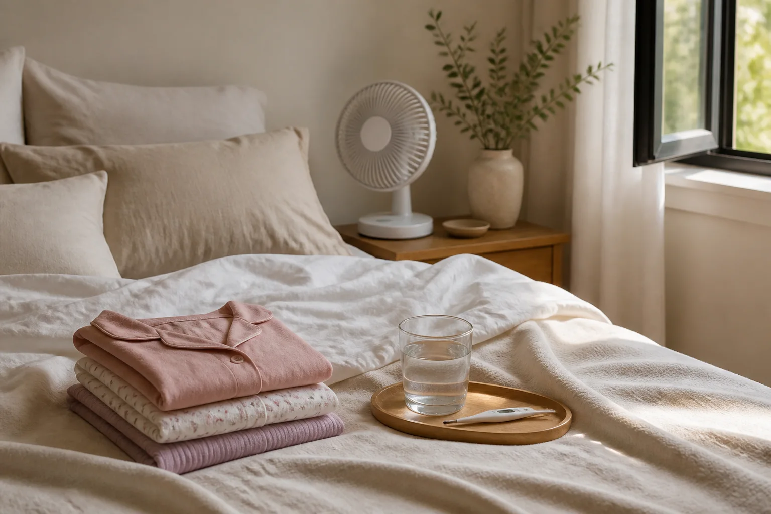 Breathable bedding, cotton sleepwear, water, fan, open window, and thermometer