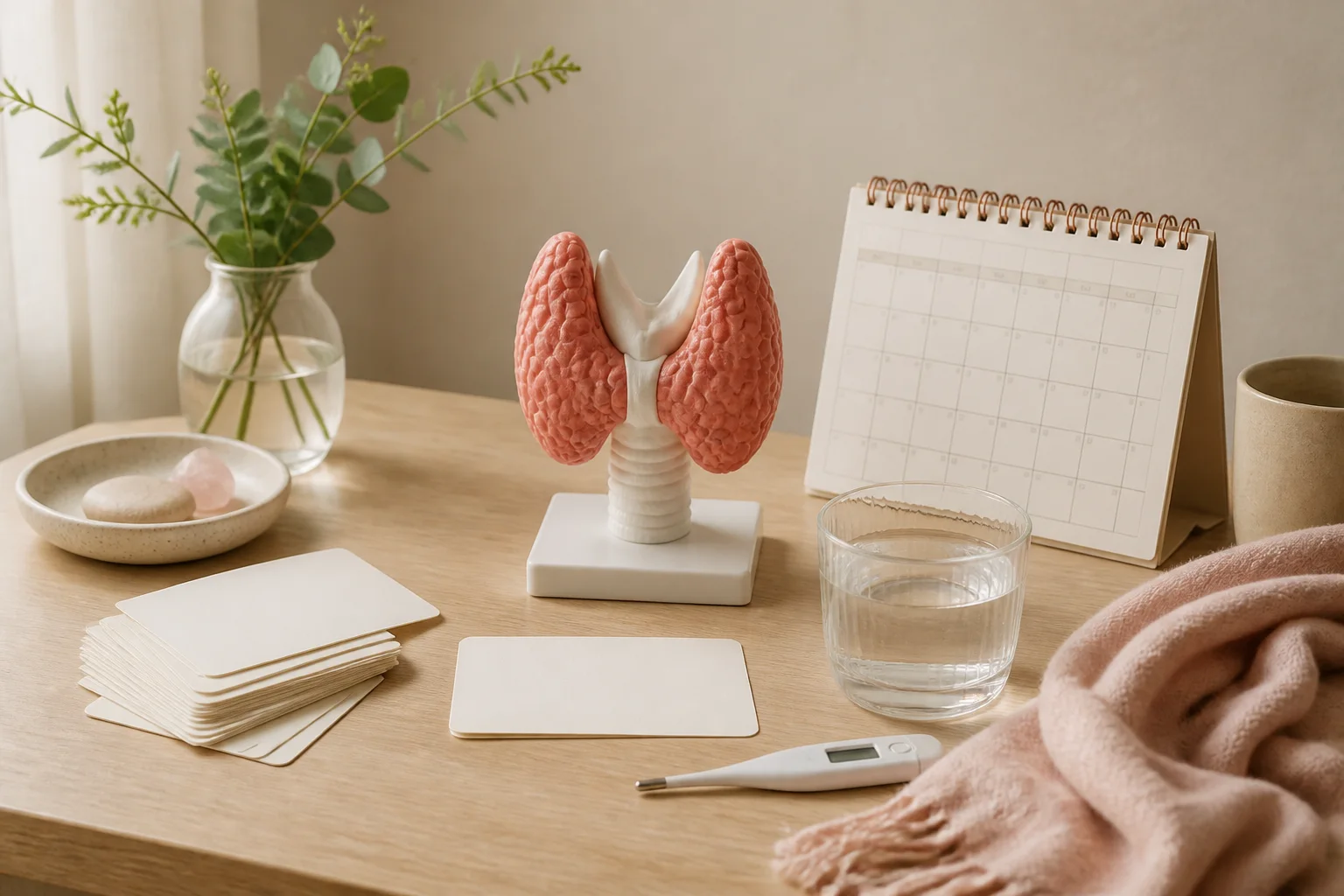 Thyroid teaching model, thermometer, water, symptom cards, calendar, and soft scarf