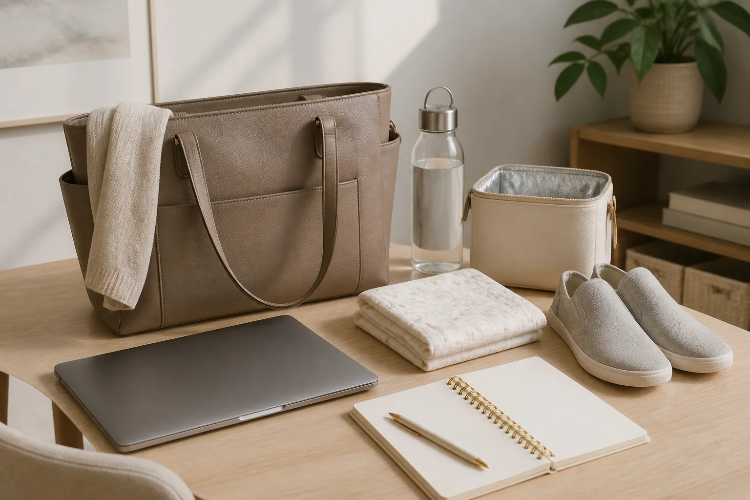 Work bag, closed laptop, insulated pouch, planner, shoes, water, and folded muslin