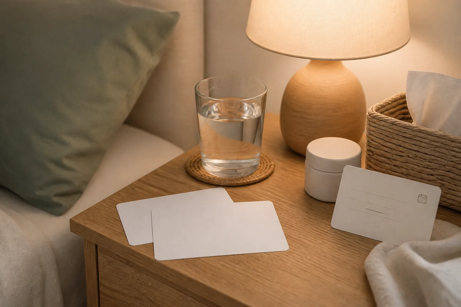 Discreet bedside communication and clinician-readiness cards with water and soft lamp