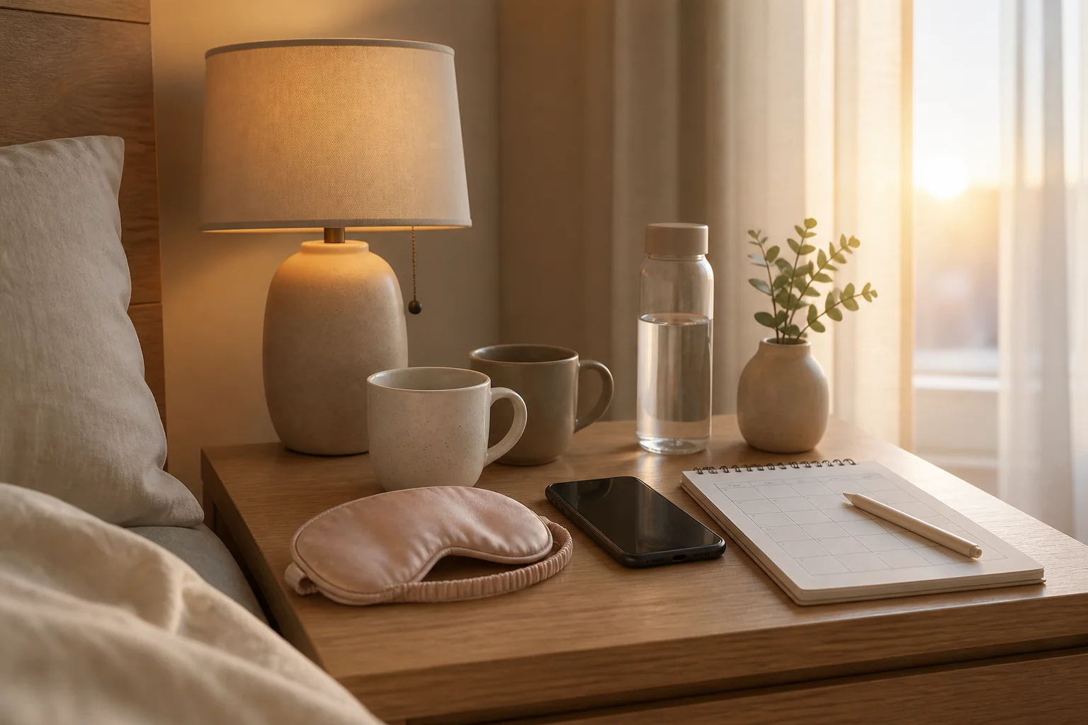 Dawn bedside scene with two mugs, water, eye mask, phone, and shift planner