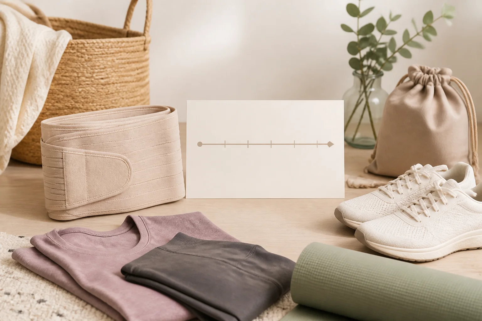 Folded belly wrap with transition timeline, comfortable clothes, walking shoes, and exercise mat