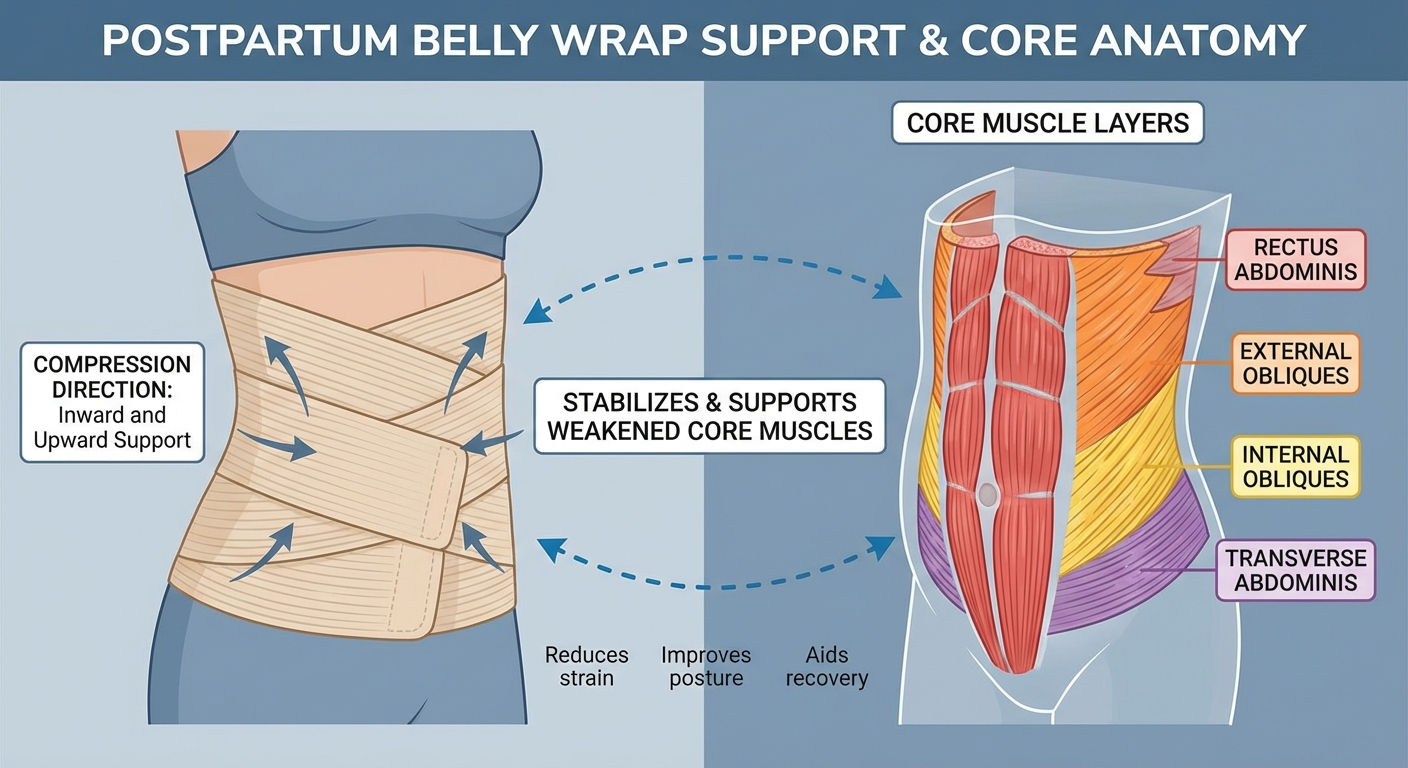 Medical infographic: Infographic showing how a postpartum belly wrap supports the abdominal