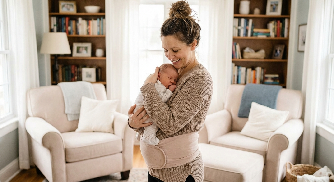 Photo of a woman comfortably wearing a postpartum belly wrap while hol