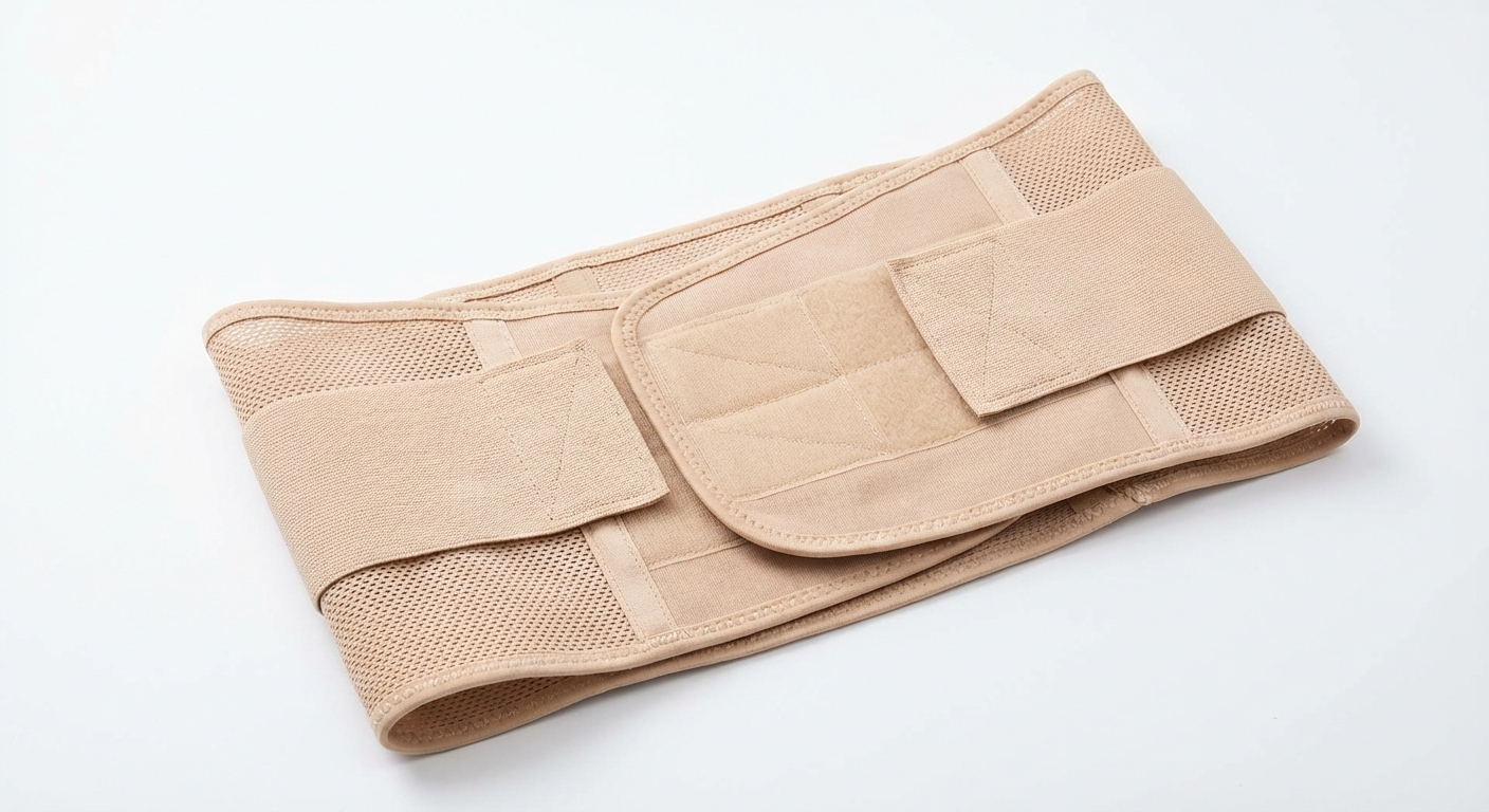 New mother wearing postpartum support belt in nursery