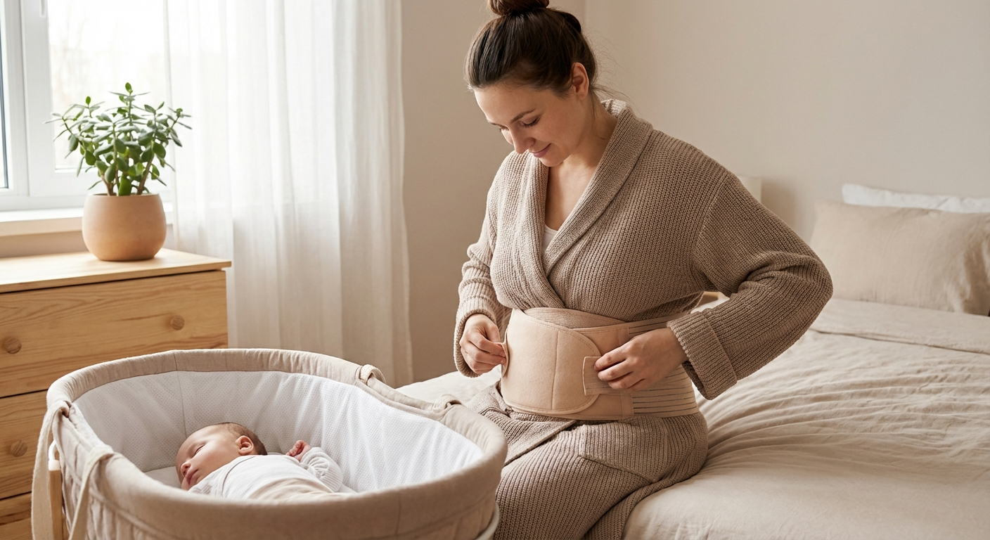 Three postpartum belly binders showing different closure styles