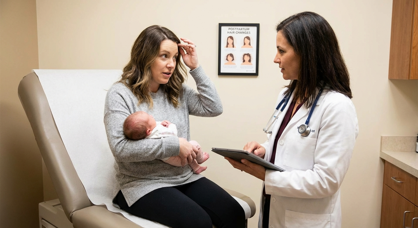 New mother at a postpartum medical appointment discussing hair health with her doctor