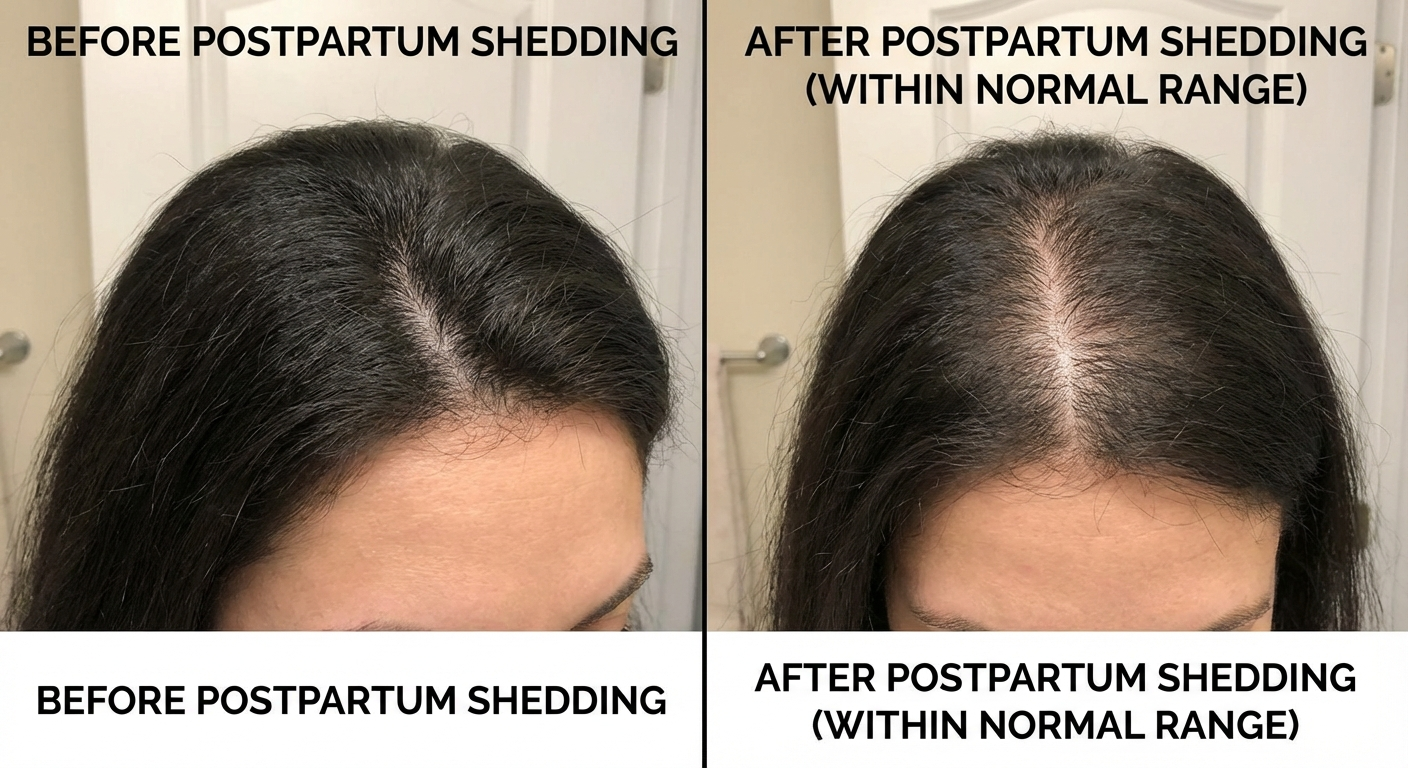 Split image showing hair density before and after postpartum shedding, both within normal range