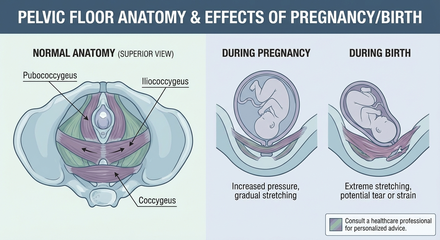Medical infographic: Infographic showing the anatomy of the pelvic floor muscles with label