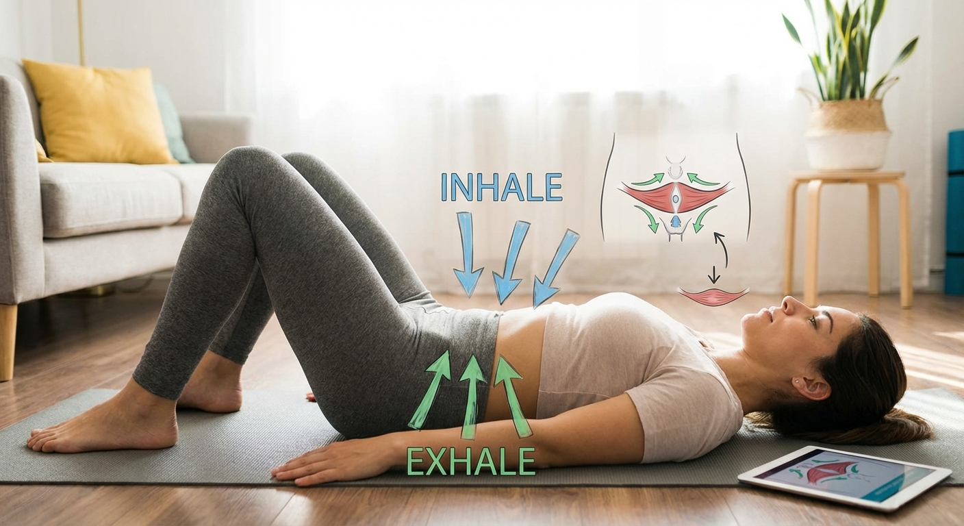Contextual image illustrating a woman lying on her back on a yoga mat 