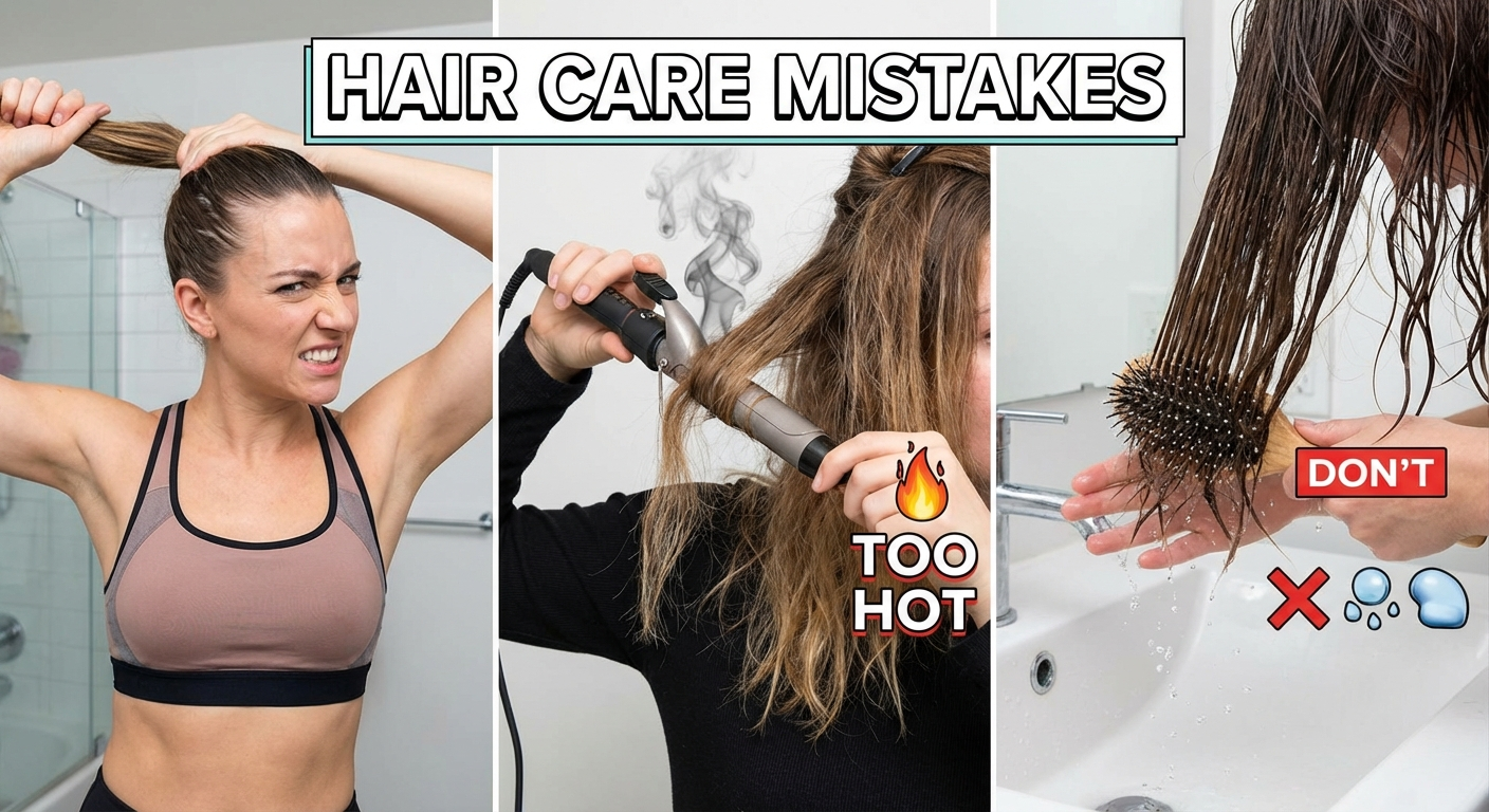 Illustrating common hair care mistakes: tight ponytail, heat styling, harsh brushing on wet hair