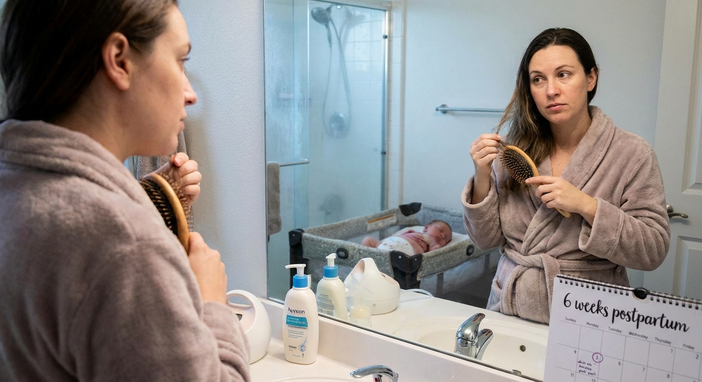 New mother looking at hair loss in mirror, postpartum recovery