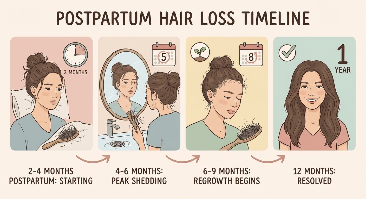 Visual timeline showing hair loss starting at 2-4 months postpartum and resolving by 12 months