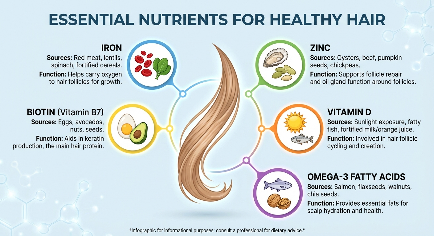 Infographic showing nutrients that support hair health: iron, zinc, biotin, vitamin D, omega-3s