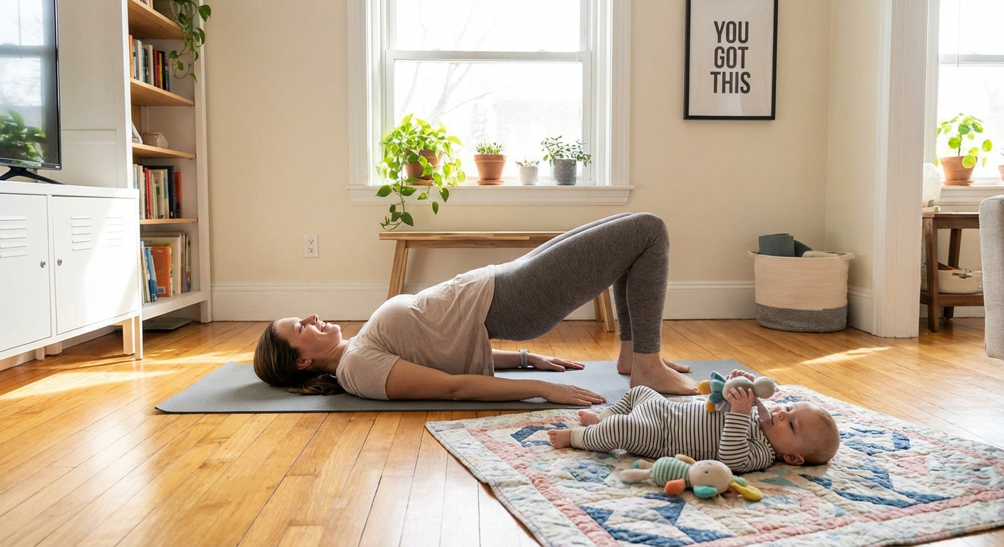 A photograph-style image of a mother doing gentle postnatal exercise (